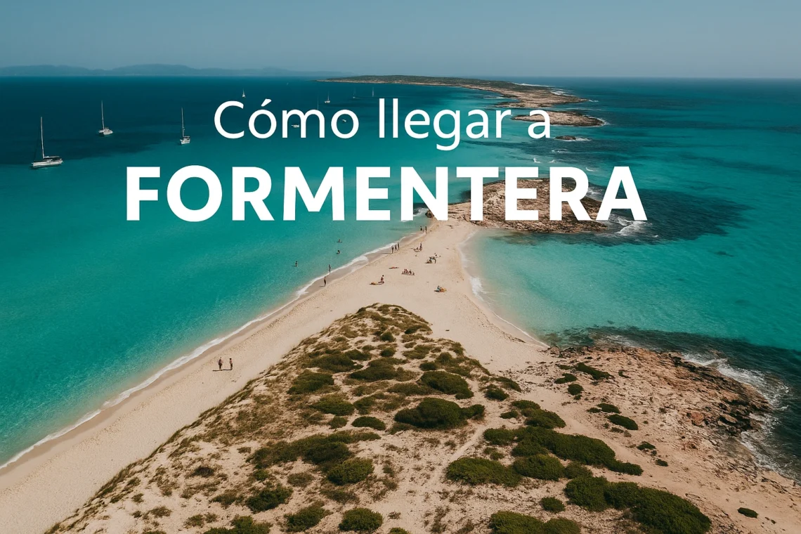 Vista aérea de la lengua de arena en Formentera que conecta la playa con el islote. Mar turquesa y bañistas caminando