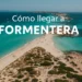 Vista aérea de la lengua de arena en Formentera que conecta la playa con el islote. Mar turquesa y bañistas caminando