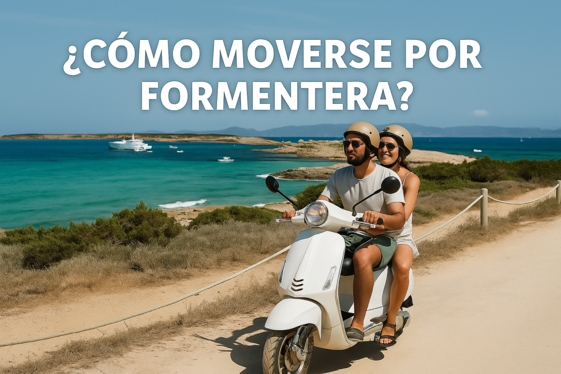 Pareja en moto recorriendo un camino de tierra con el mar de fondo en Formentera